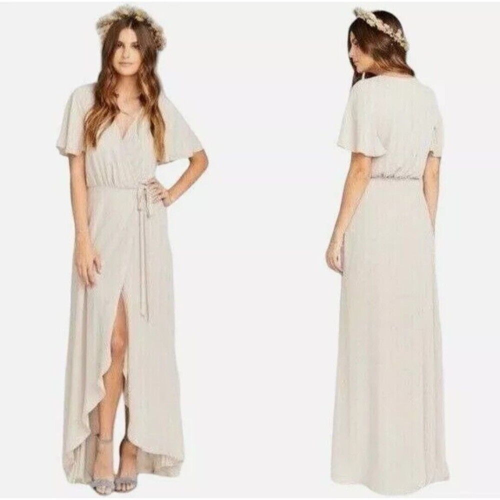 Show Me Your MuMu Sophia Wrap Dress Beige Small Show Me The Ring Crisp Chiffon